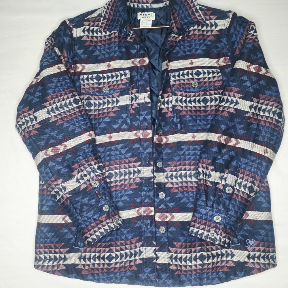 ARIAT WOMEN R.E.A.L. SHACKET SHIRT JACKET BLUE MOUNTAIN PEAK JACQUARD SIZE L